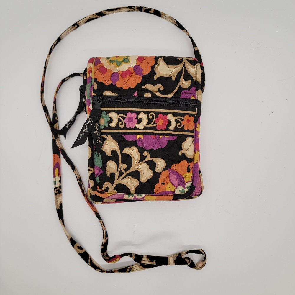 VERA BRADLEY Suzani Mini Crossbody Hipster Purse Organizer Black Floral Quilted